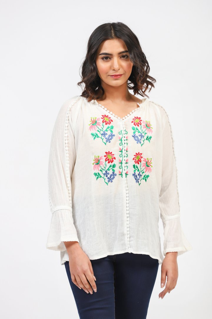 White Top With Floral Embroidery